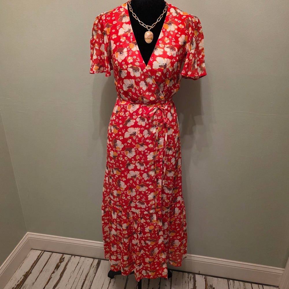 & Other Stories Paris Atelier Red Floral Wrap Maxi Dress Short Sleeve Size 0